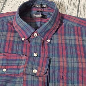 Vintage CHRISTIAN‎ DIOR Monsieur Plaid Button Front Casual Shirt 90s Red Green L